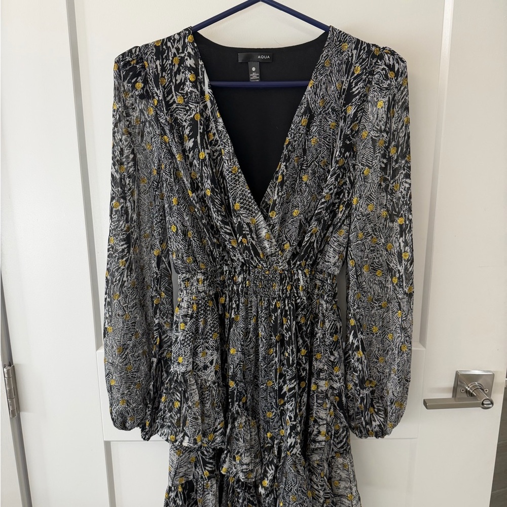 Aqua Long Sleeve Dress with Black and Yellow Pattern